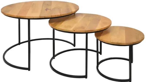 Round Wooden Nesting Coffee Table with Metal Frame, Set of 3, Brown and Black-Benzara