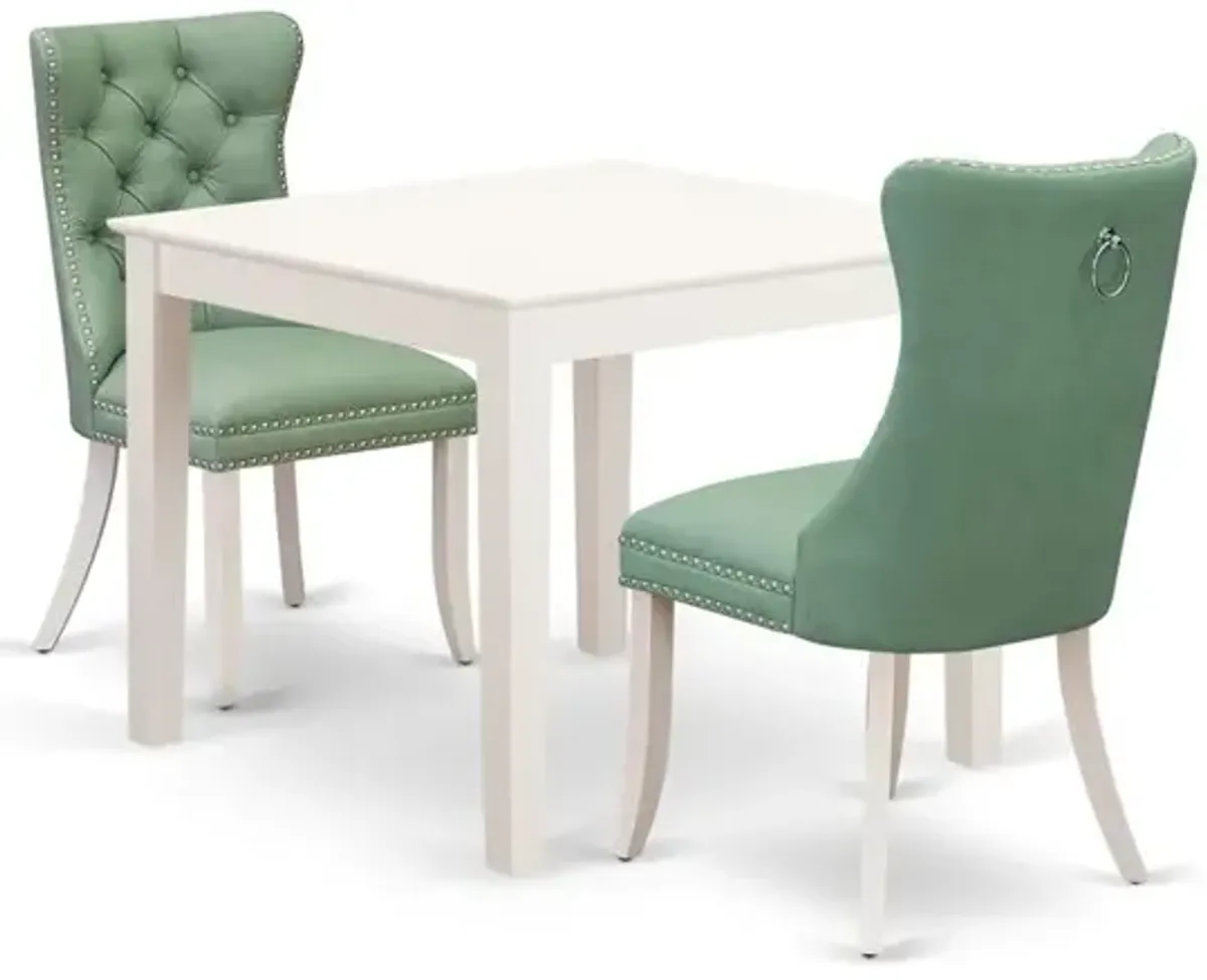 East West Furniture Oxford 3 Piece Room Set Contains a Square Kitchen Dining Table and 2 Upholstered Parson Chairs, 36x36 Inch, Linen White
