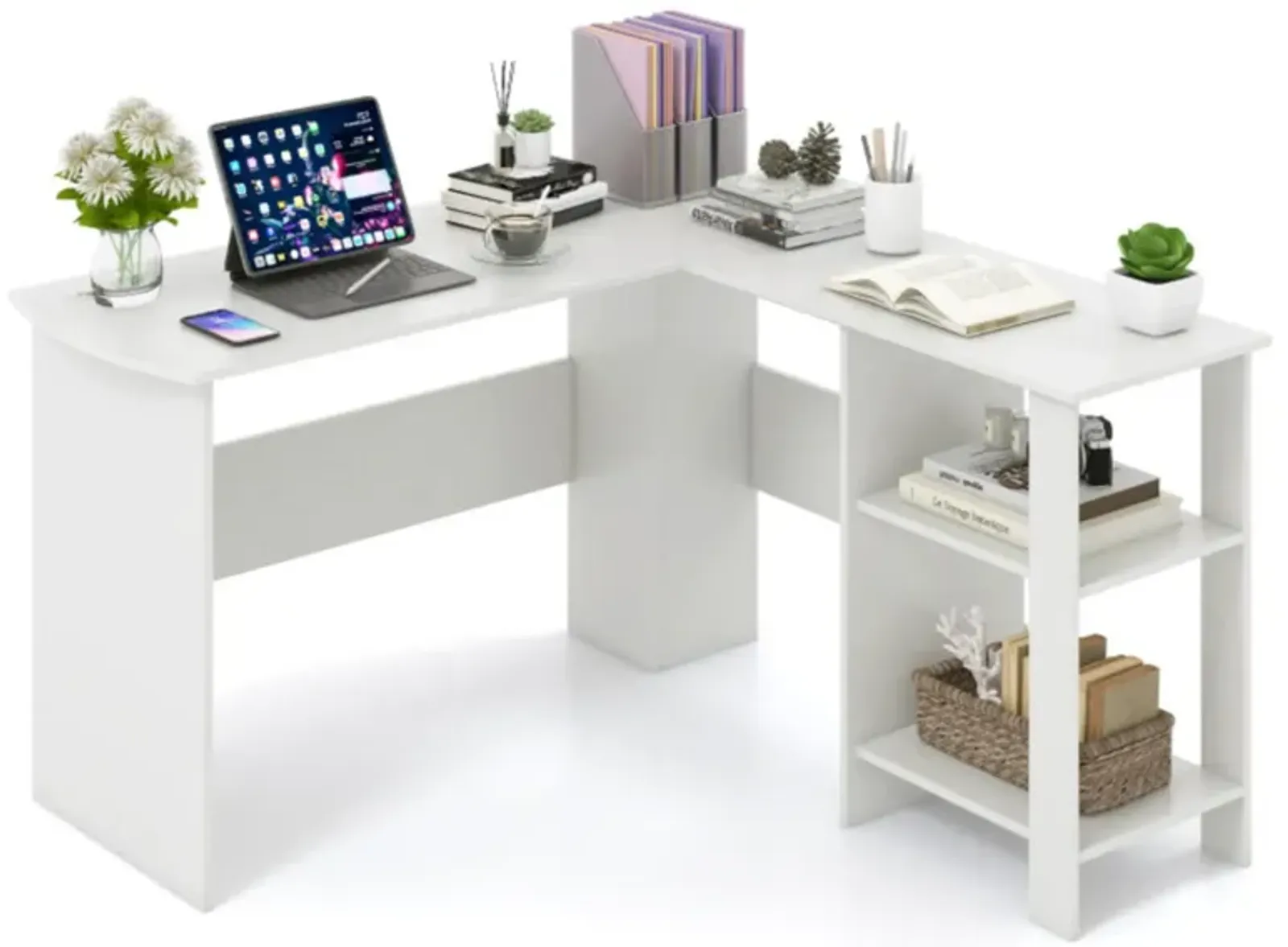 Hivvago Large Modern L-shaped Computer Desk with 2 Cable Holes and 2 Storage Shelves