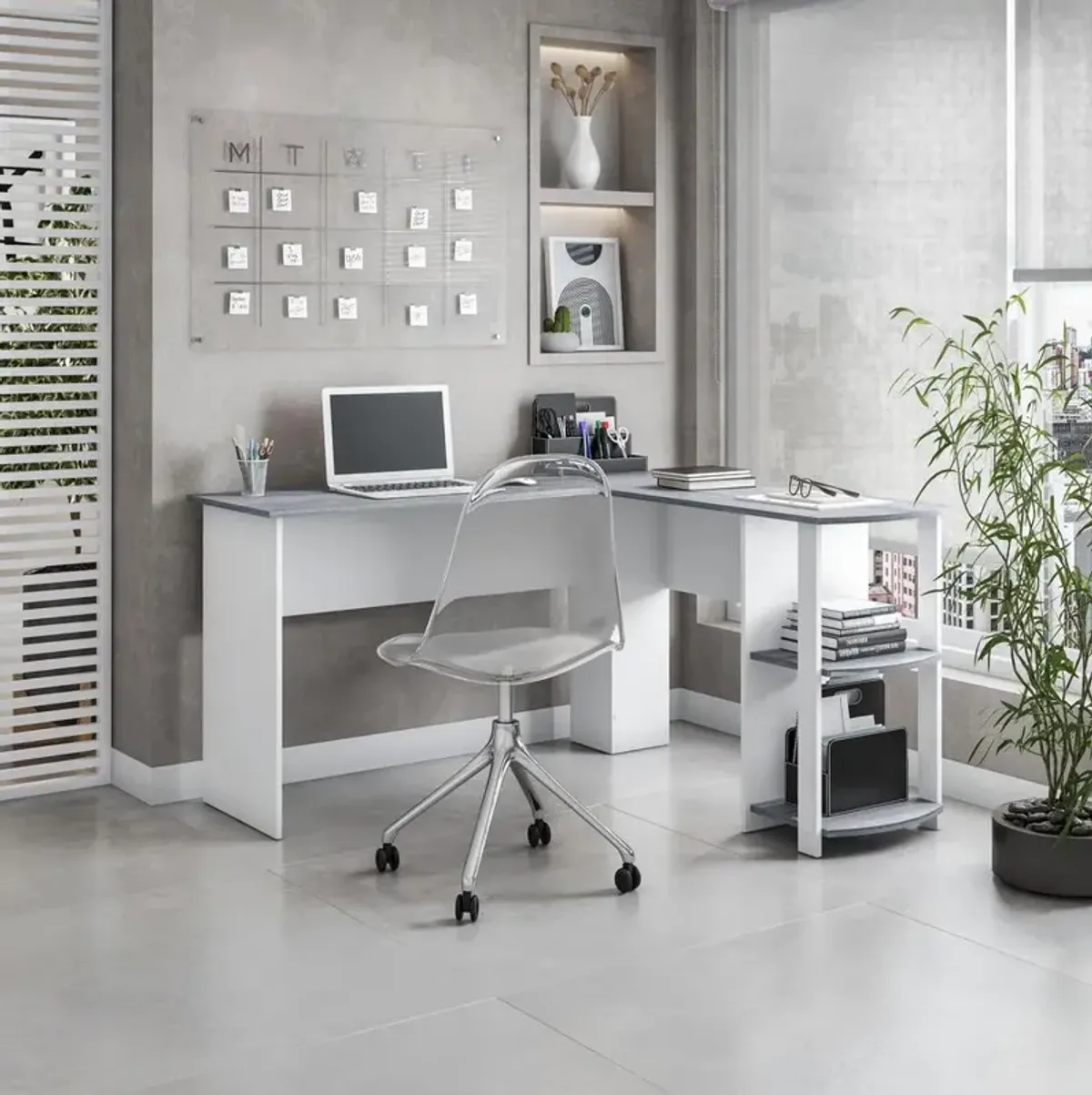 RTA Products Techni Mobili Modern L-Shaped Desk with Side Shelves, Grey