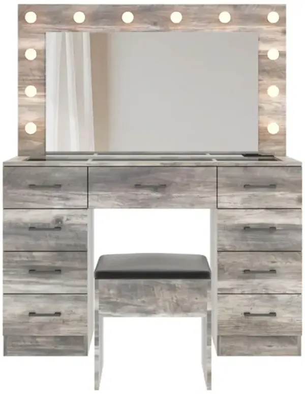Vanity Desk Set with Large Lighted Mirror and Power Outlet – Modern Makeup Table with Storage and Charging Station