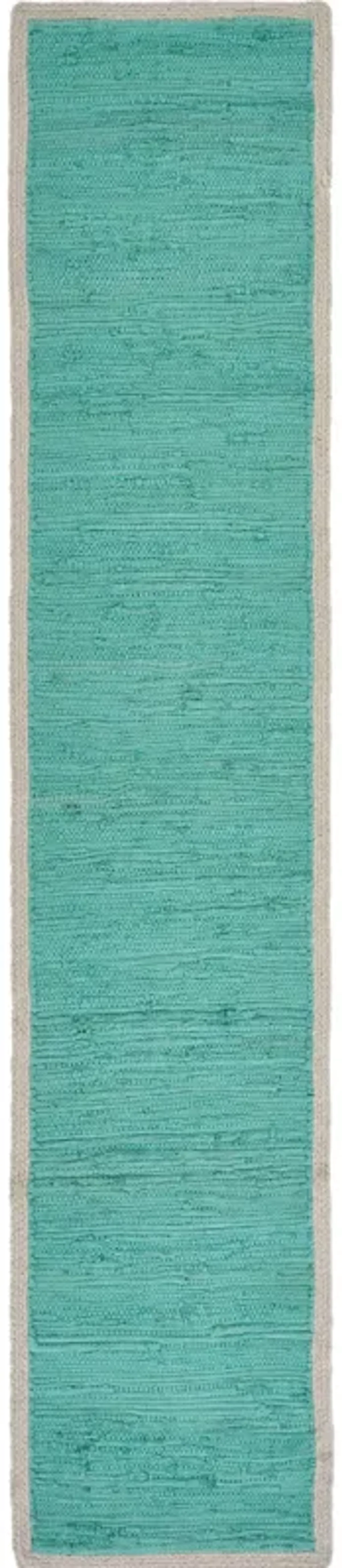80" Turquoise and Cream Hand Woven Bordered Rectangular Table Runner