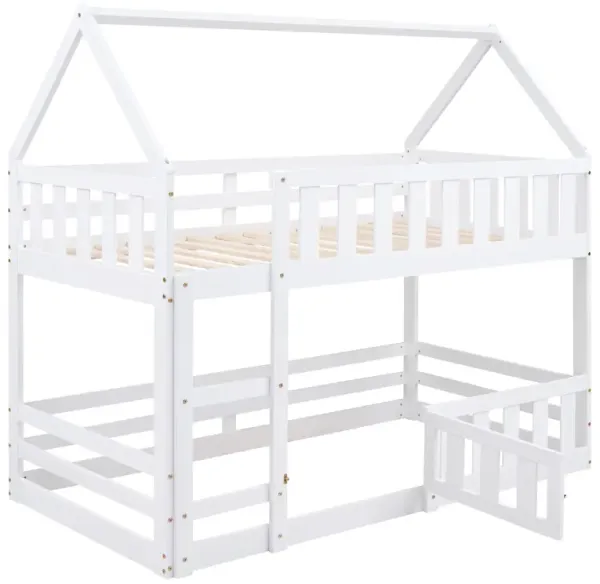 Whisen Wood Twin over Twin House-Shaped Bunk Bed with Fence with Door and Ladder - White
