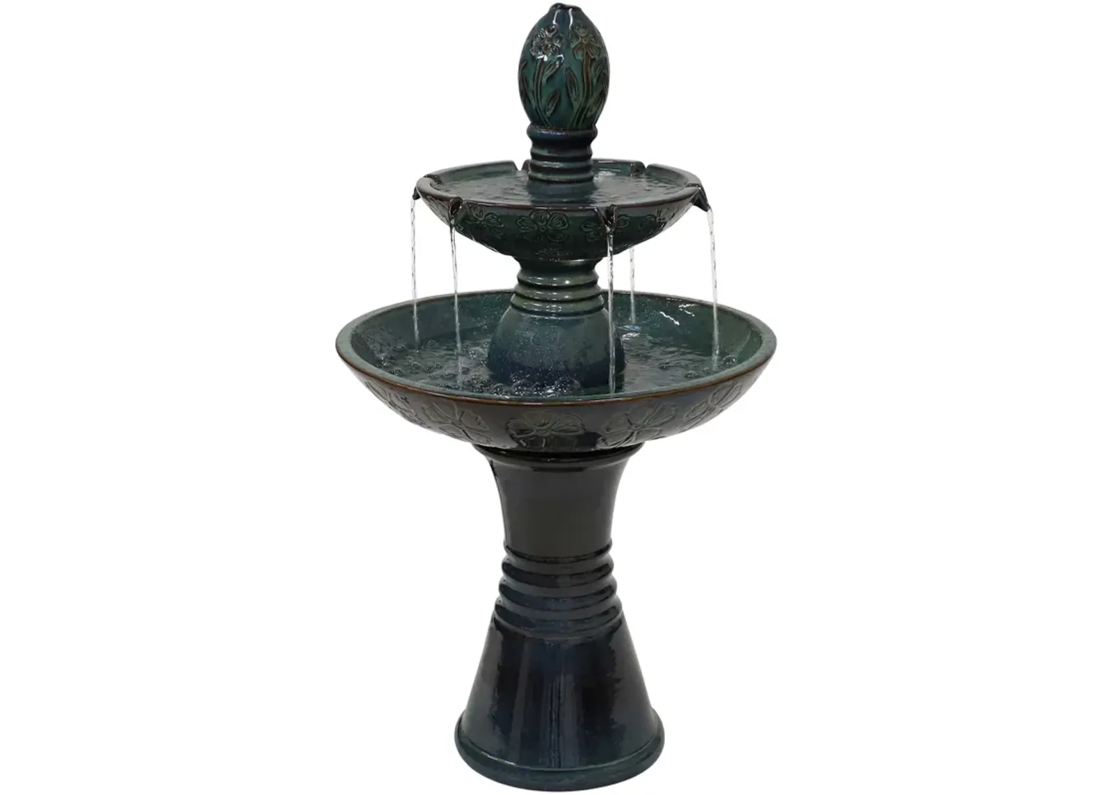 Sunnydaze Double Tier Ceramic Outdoor 2-Tier Water Fountain with Lights