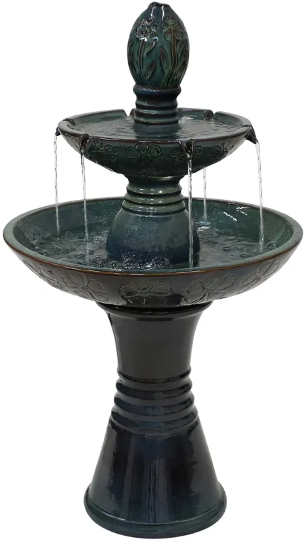 Sunnydaze Double Tier Ceramic Outdoor 2-Tier Water Fountain with Lights