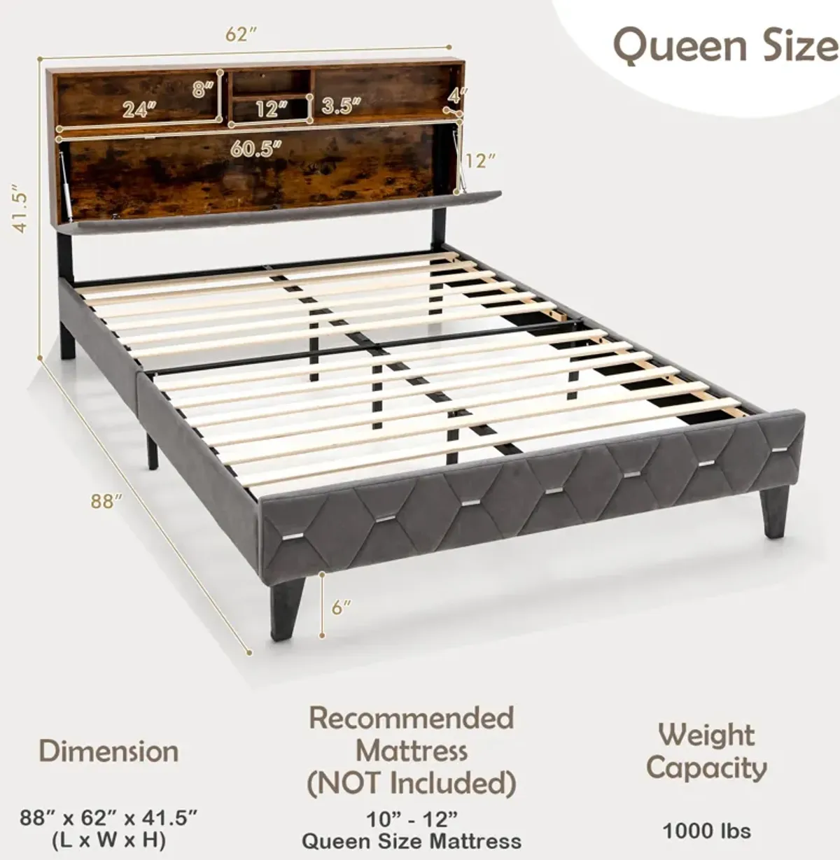 Full/Queen Size Upholstered Bed Frame with Storage Headboard