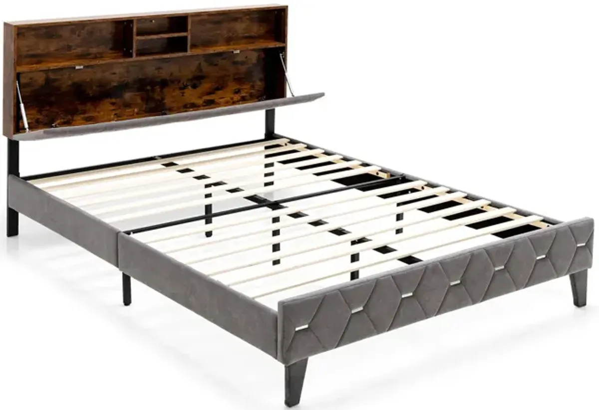 Full/Queen Size Upholstered Bed Frame with Storage Headboard