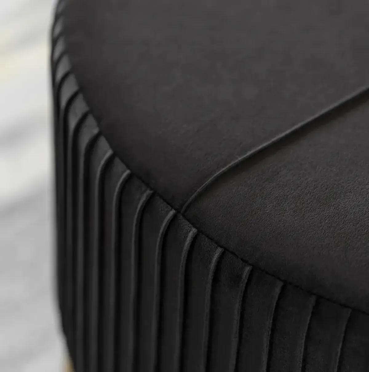 Round Velvet Ottoman Stool Raised with Hairpin Gold Base, Black, Large