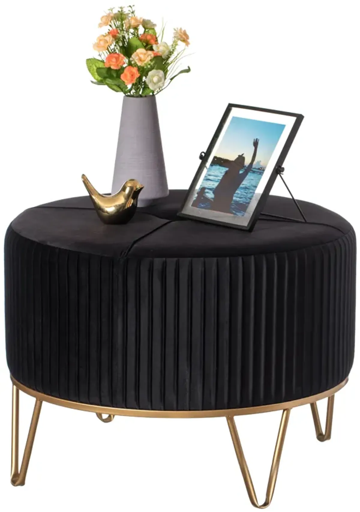 Round Velvet Ottoman Stool Raised with Hairpin Gold Base, Black, Large