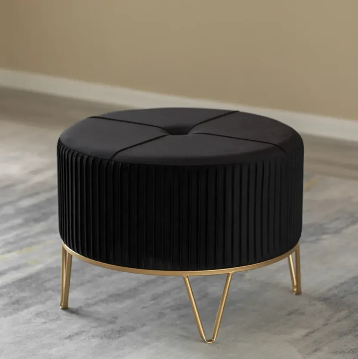 Round Velvet Ottoman Stool Raised with Hairpin Gold Base, Black, Large