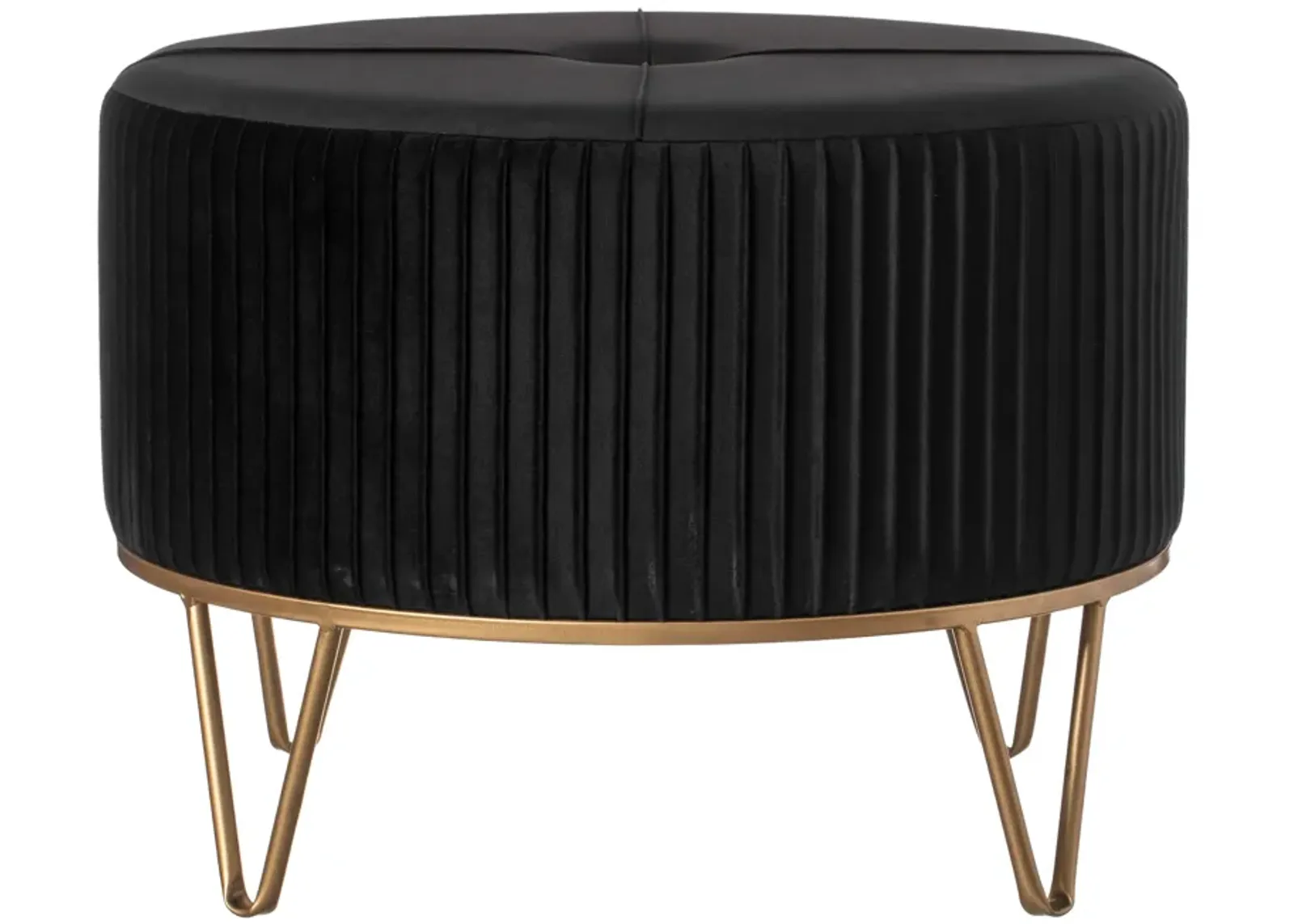 Round Velvet Ottoman Stool Raised with Hairpin Gold Base, Black, Large