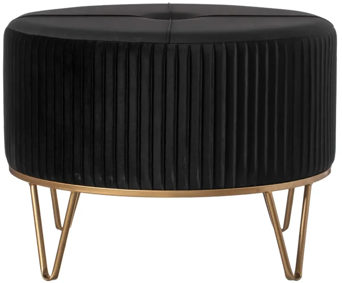 Round Velvet Ottoman Stool Raised with Hairpin Gold Base, Black, Large