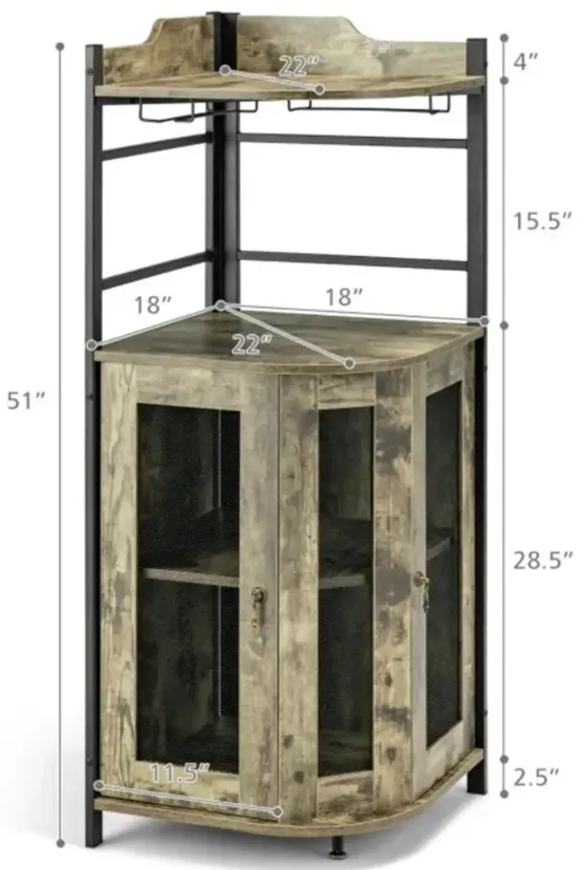 Hivvago Industrial Corner Bar Cabinet with Glass Holder and Adjustable Shelf