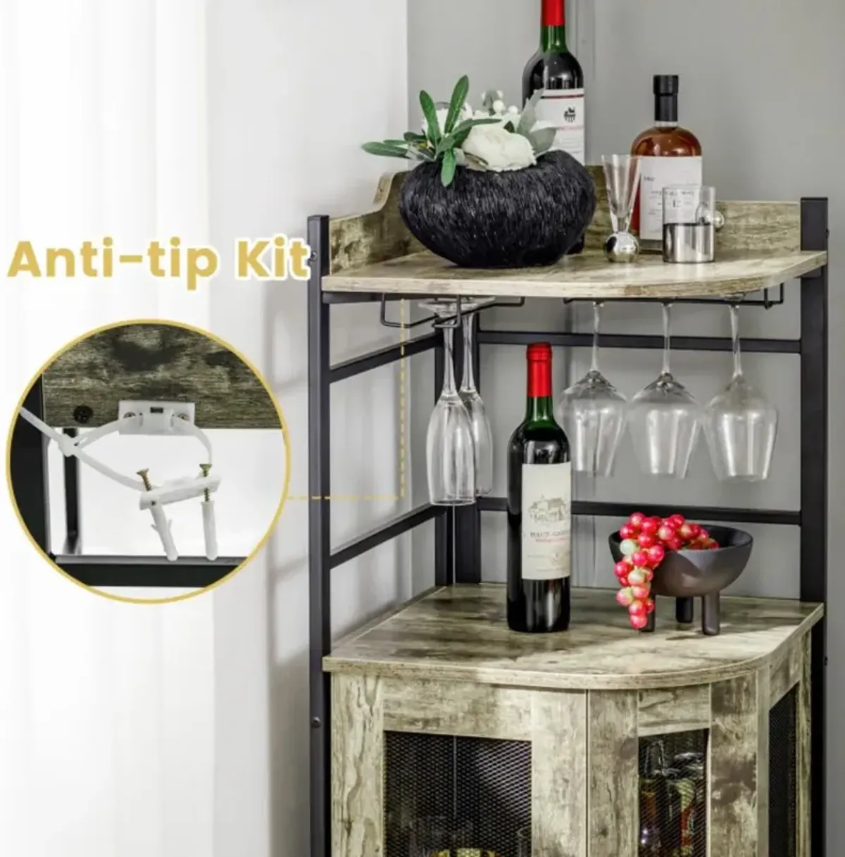 Hivvago Industrial Corner Bar Cabinet with Glass Holder and Adjustable Shelf