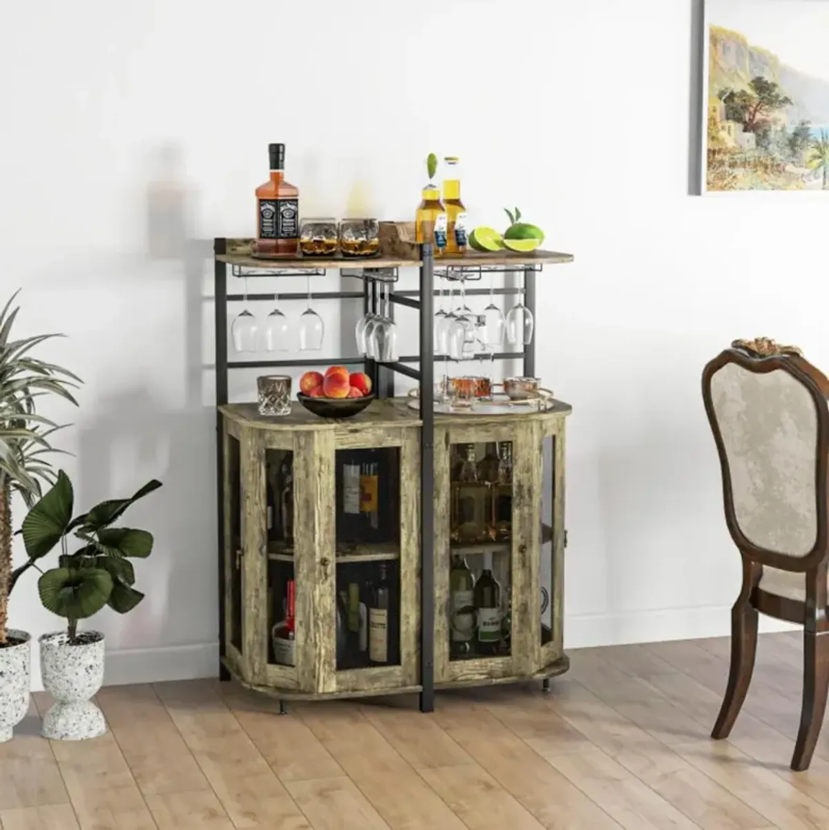 Hivvago Industrial Corner Bar Cabinet with Glass Holder and Adjustable Shelf