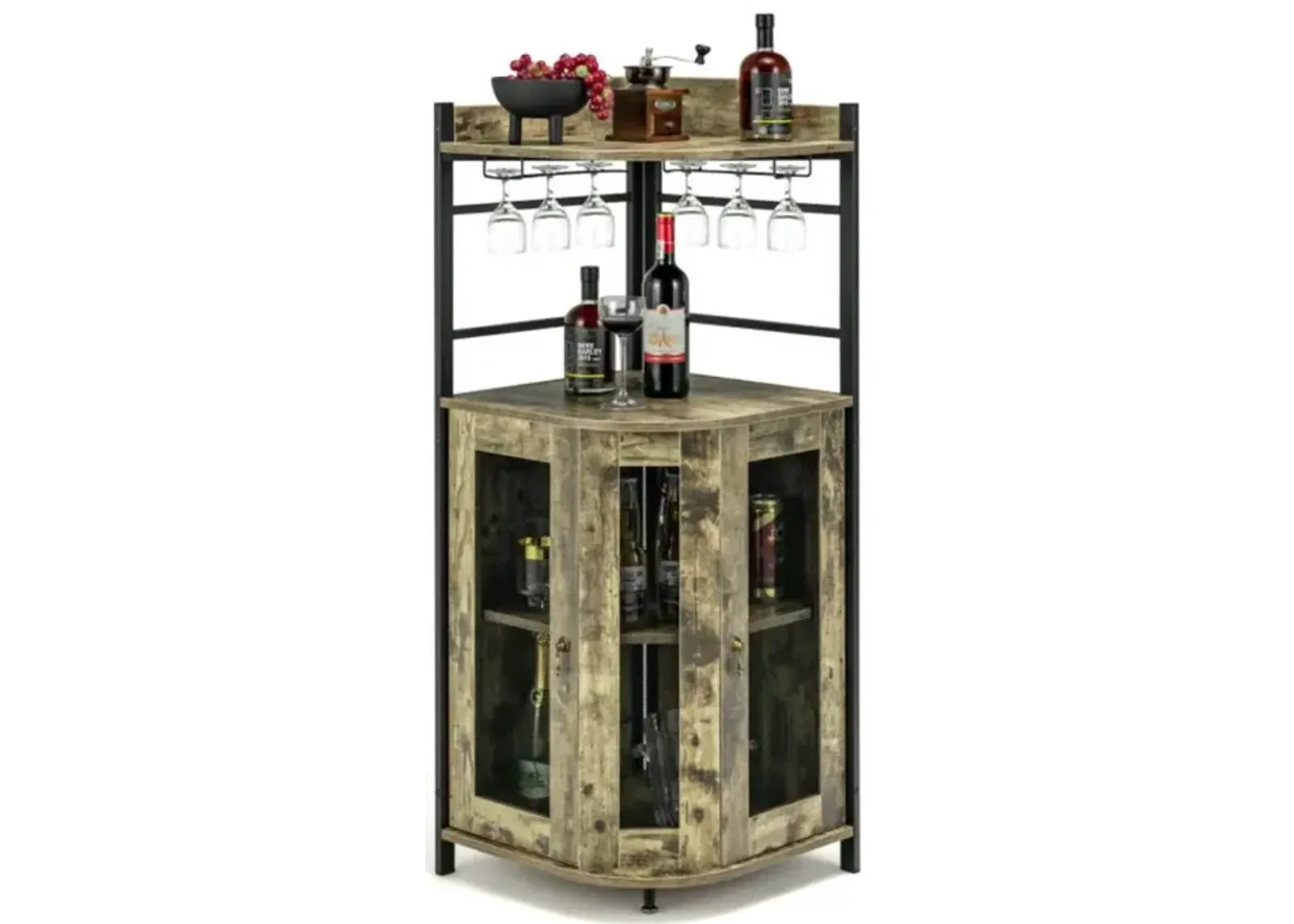 Hivvago Industrial Corner Bar Cabinet with Glass Holder and Adjustable Shelf