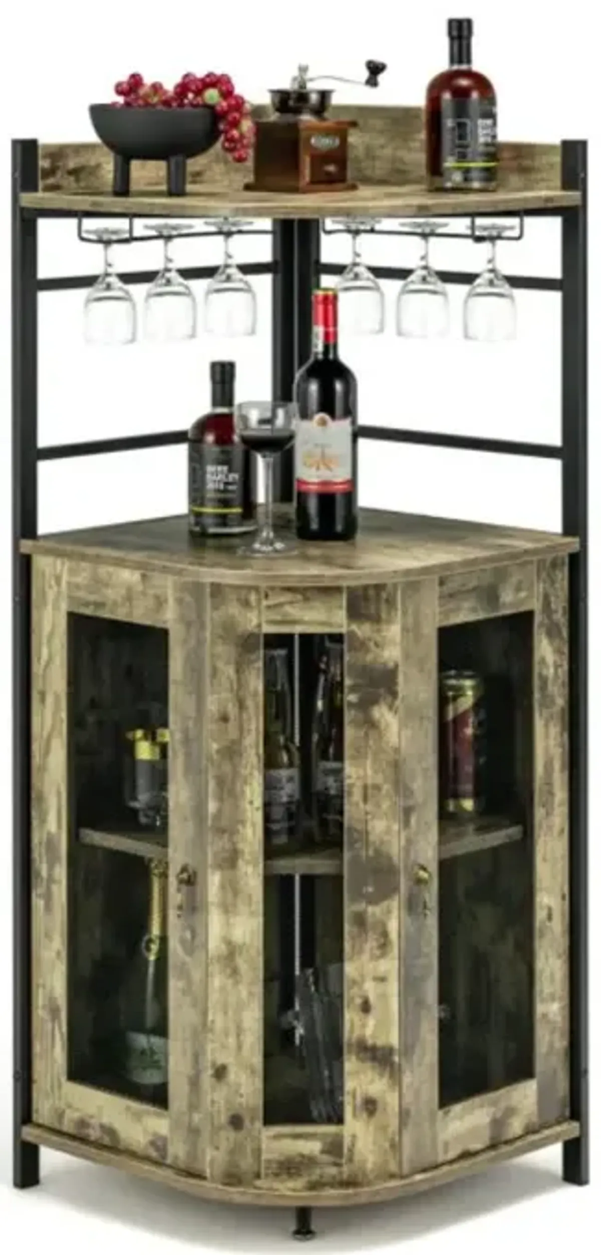 Hivvago Industrial Corner Bar Cabinet with Glass Holder and Adjustable Shelf