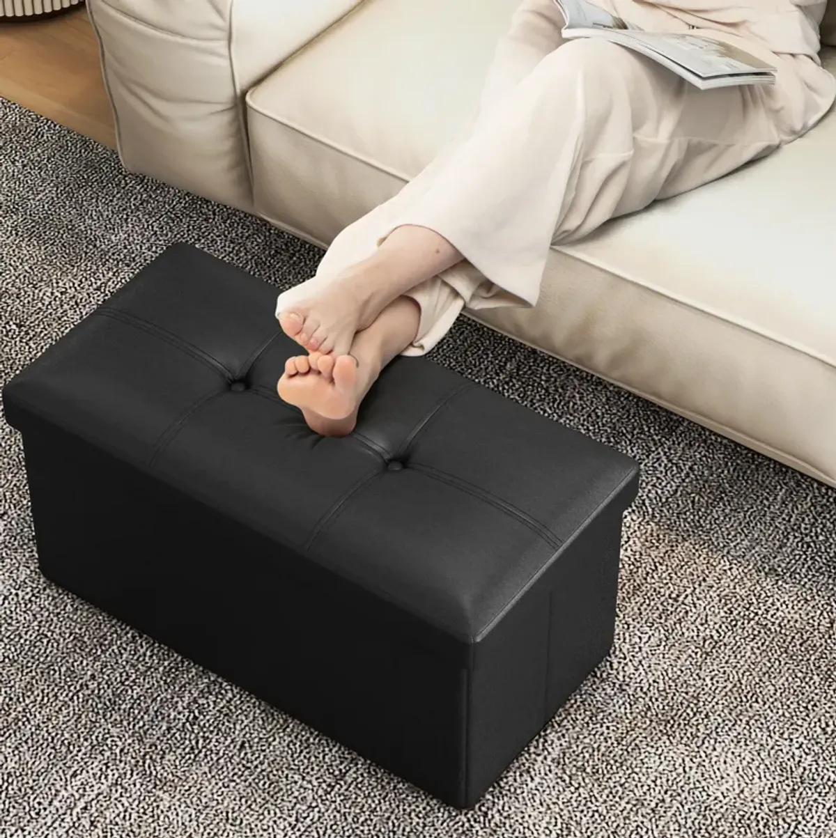 Upholstered Rectangle Footstool with PVC Leather Surface and Storage Function