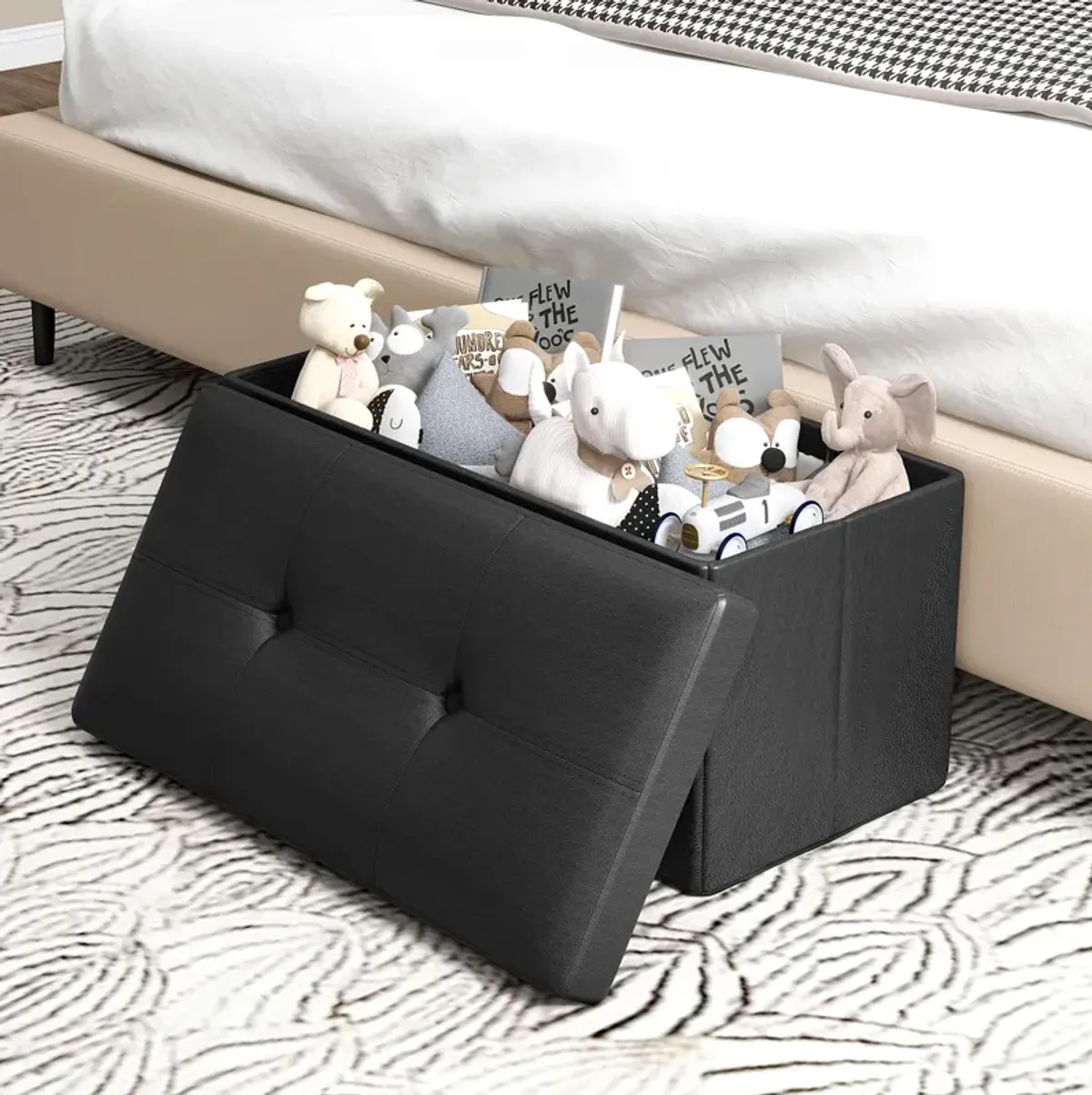 Upholstered Rectangle Footstool with PVC Leather Surface and Storage Function