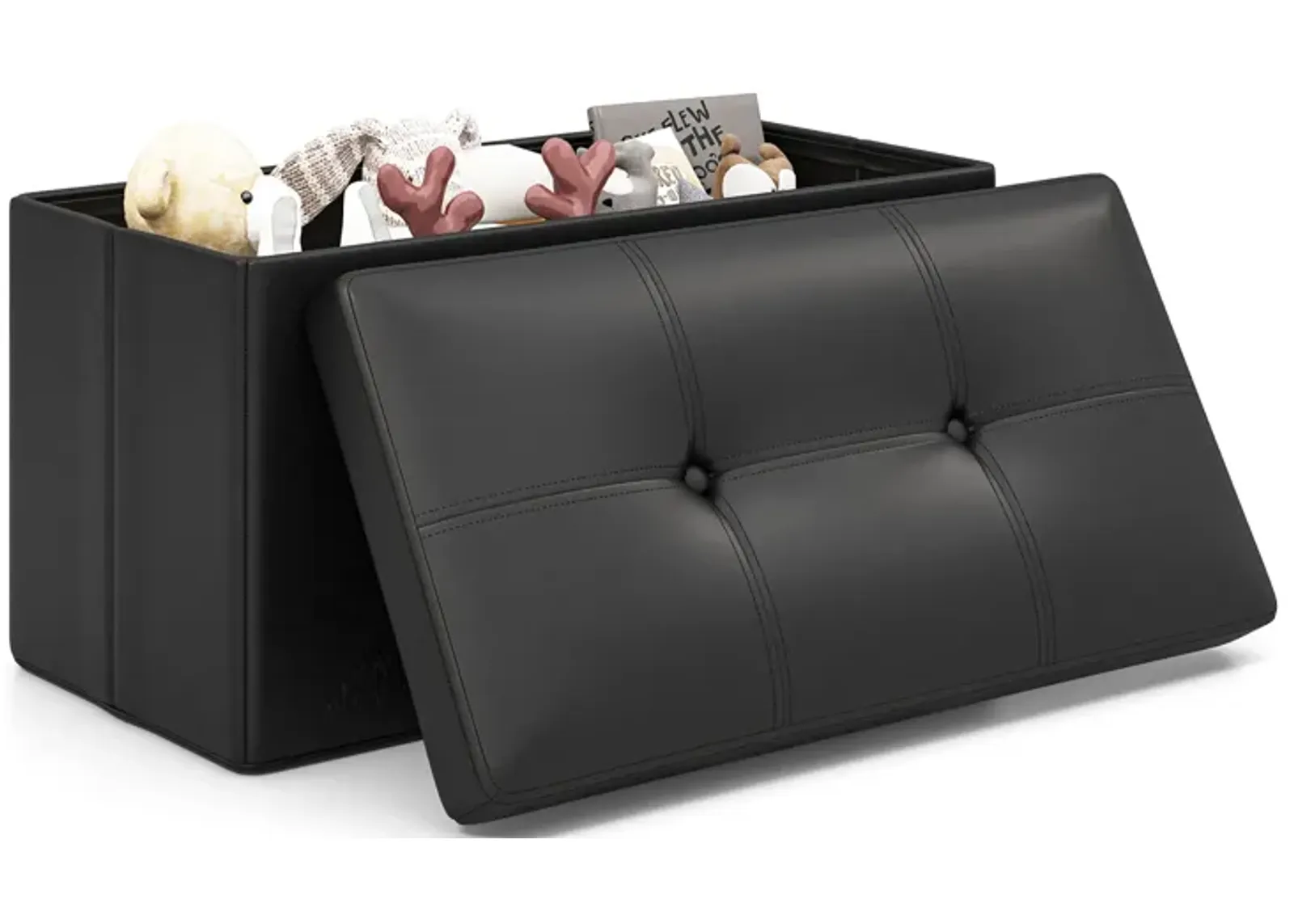 Upholstered Rectangle Footstool with PVC Leather Surface and Storage Function