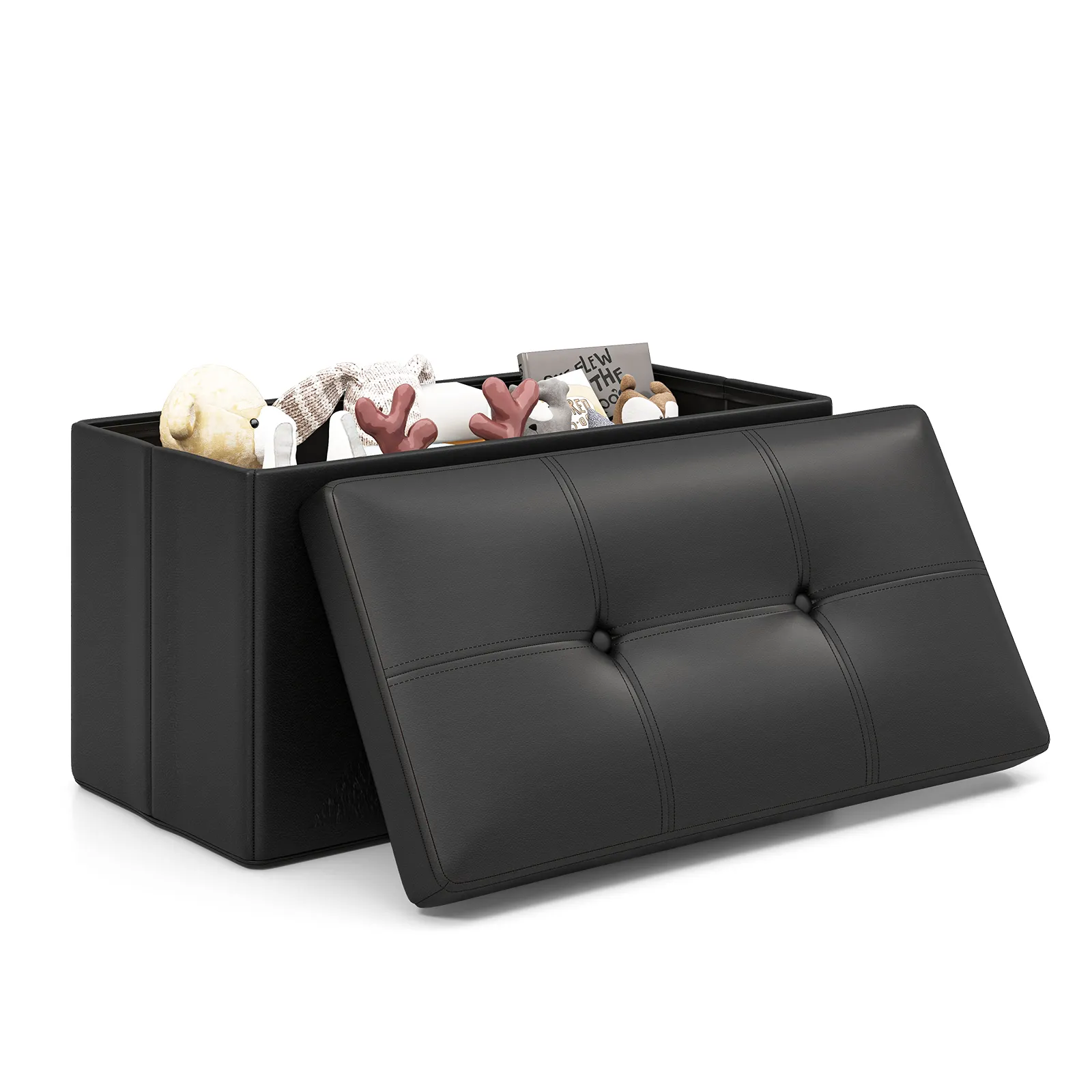 Upholstered Rectangle Footstool with PVC Leather Surface and Storage Function