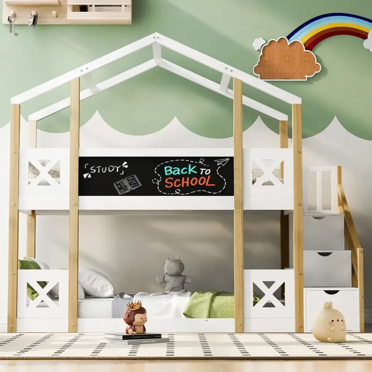 Merax Kids House Bunk Bed with Storage Staircase