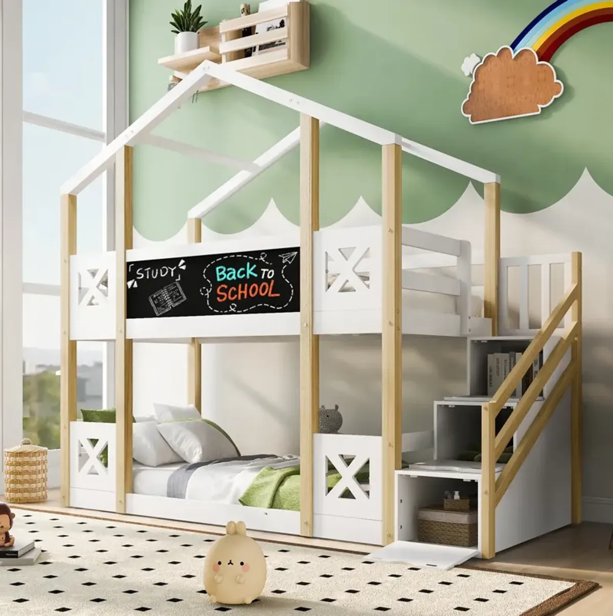 Merax Kids House Bunk Bed with Storage Staircase