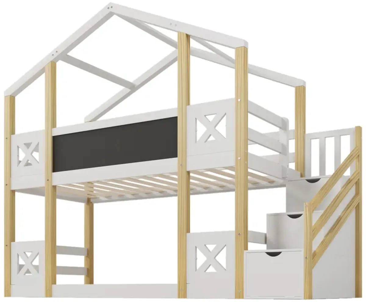 Merax Kids House Bunk Bed with Storage Staircase