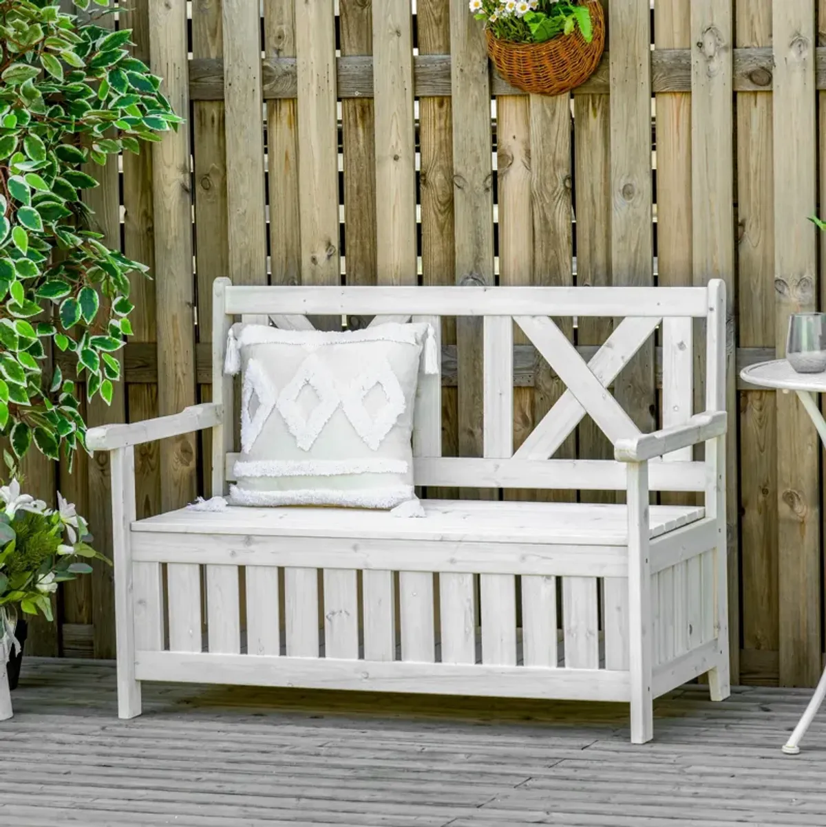 White Garden Storage: 2-Seater Outdoor Bench with Louvered Design