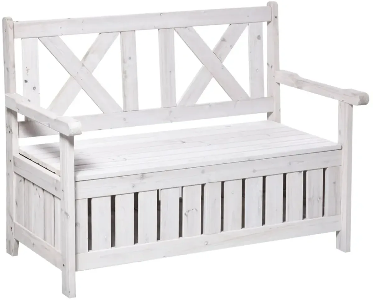 White Garden Storage: 2-Seater Outdoor Bench with Louvered Design