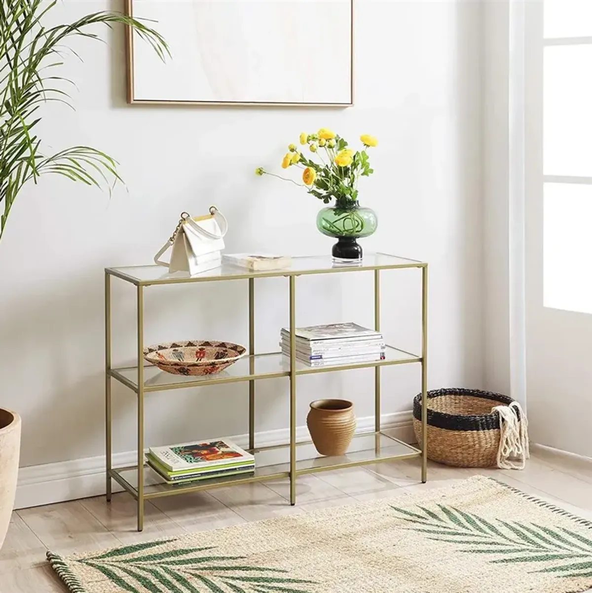 3-Tier Tempered Glass Console Table with Modern Shelves