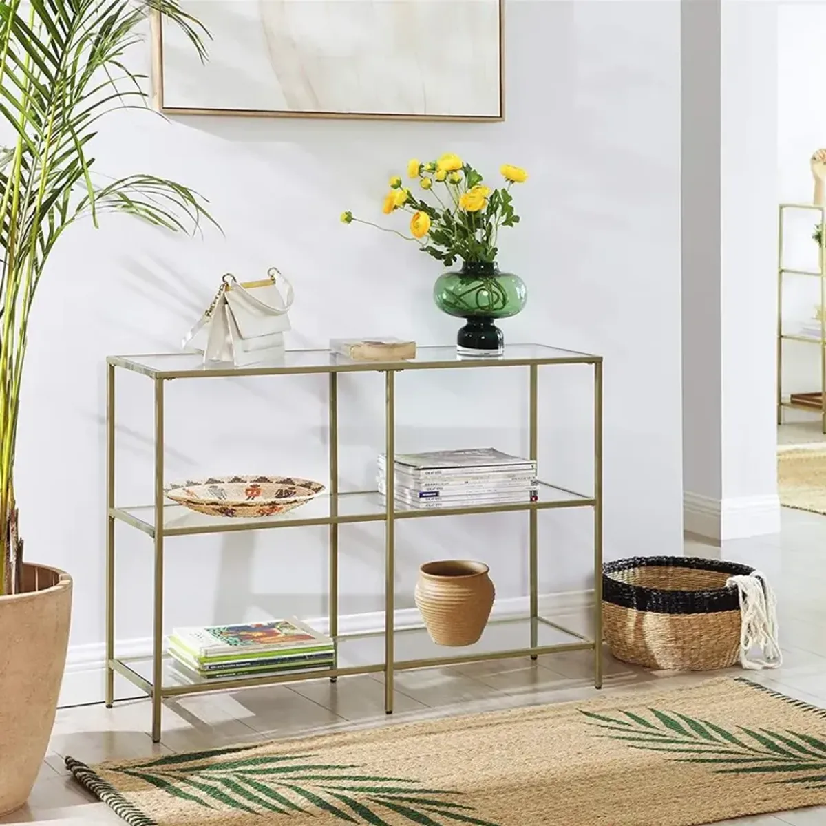 3-Tier Tempered Glass Console Table with Modern Shelves