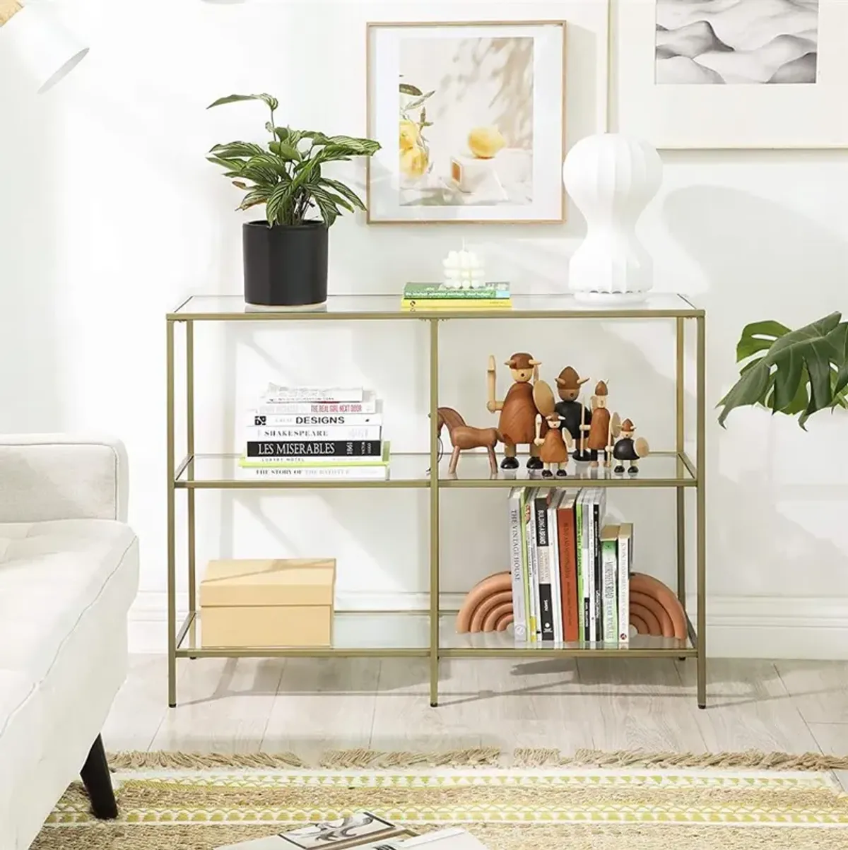 3-Tier Tempered Glass Console Table with Modern Shelves