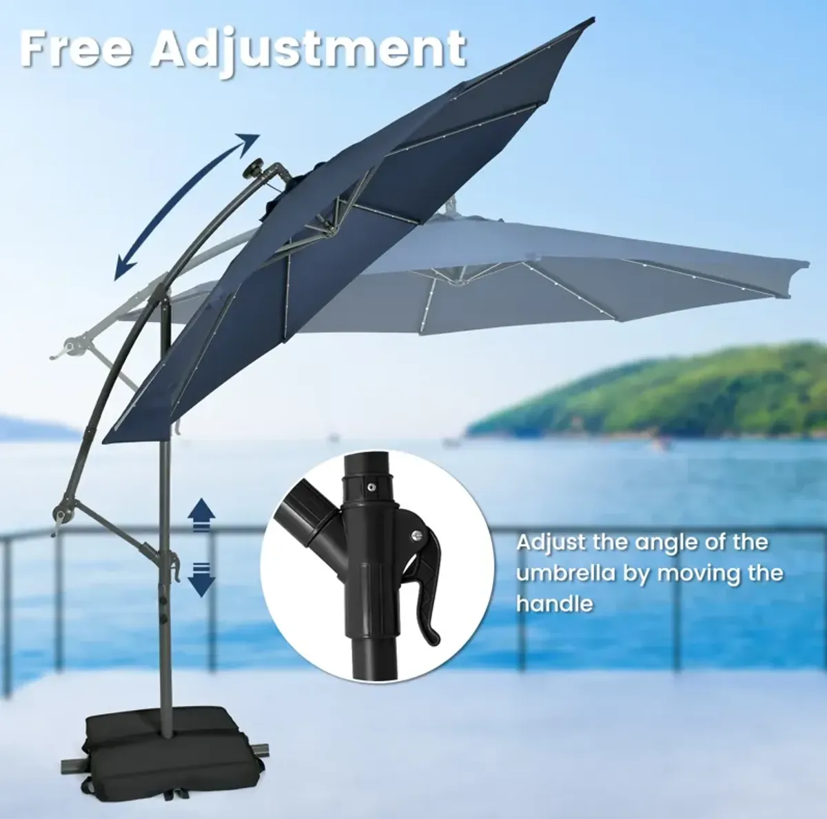 10-Foot Cantilever Umbrella with 32 LED Lights and Solar Panel Batteries for Outdoor Shade and Lighting