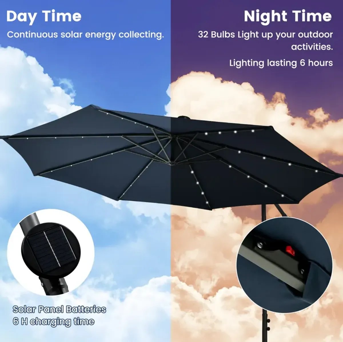 10-Foot Cantilever Umbrella with 32 LED Lights and Solar Panel Batteries for Outdoor Shade and Lighting