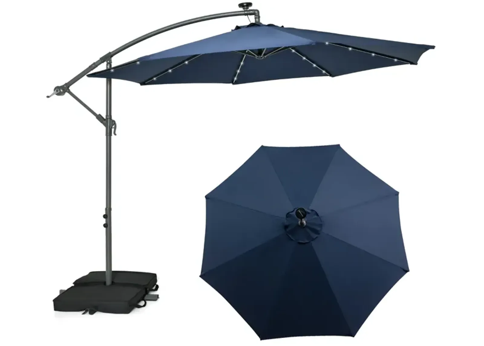 10-Foot Cantilever Umbrella with 32 LED Lights and Solar Panel Batteries for Outdoor Shade and Lighting