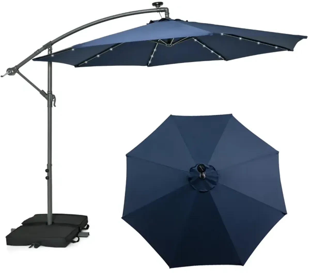 10-Foot Cantilever Umbrella with 32 LED Lights and Solar Panel Batteries for Outdoor Shade and Lighting