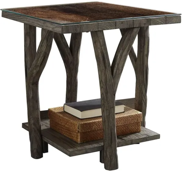 Benjara 23 Inch Side End Table, Glass Top, Rustic Tree Branch Legs, Open Shelf, Brown
