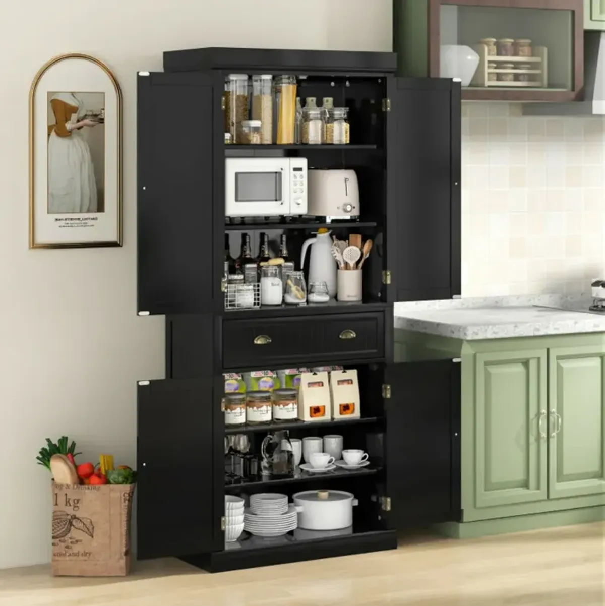 Cupboard Freestanding Kitchen Cabinet with Adjustable Shelves