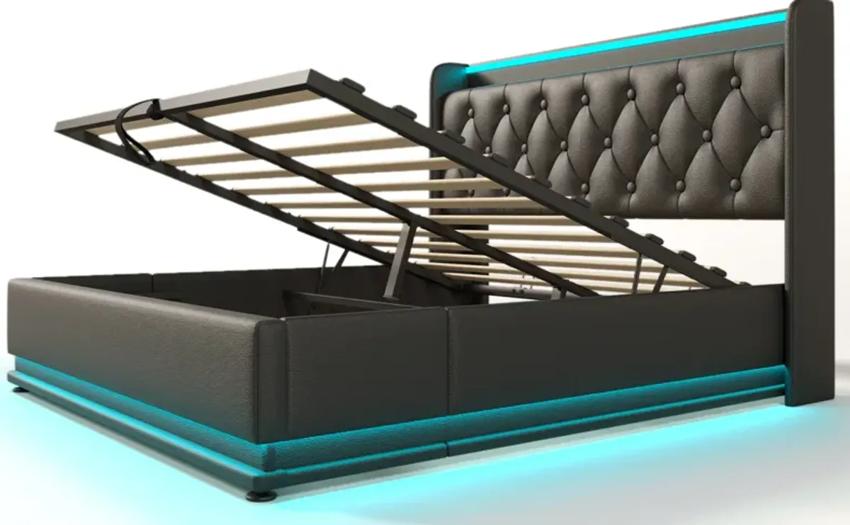 Merax PU Upholstered Bed with Storage and LED