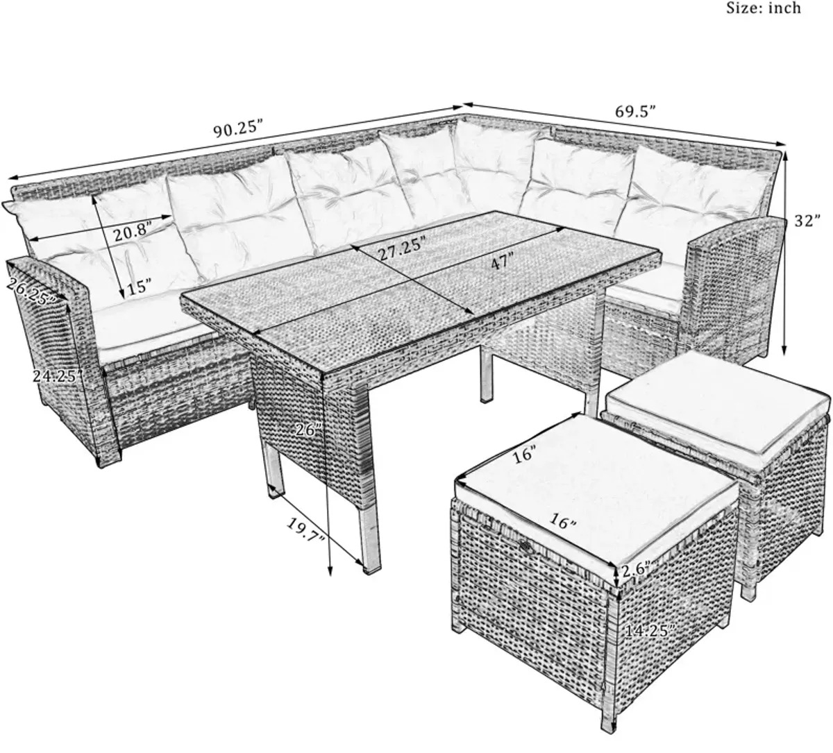 Merax Outdoor Sectional Sofa with Glass Table