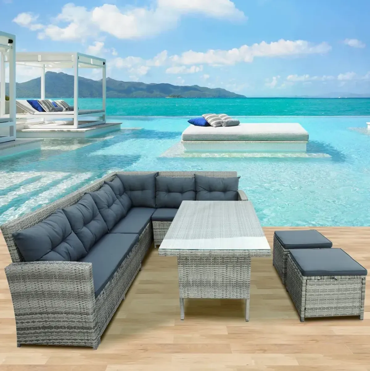 Merax Outdoor Sectional Sofa with Glass Table