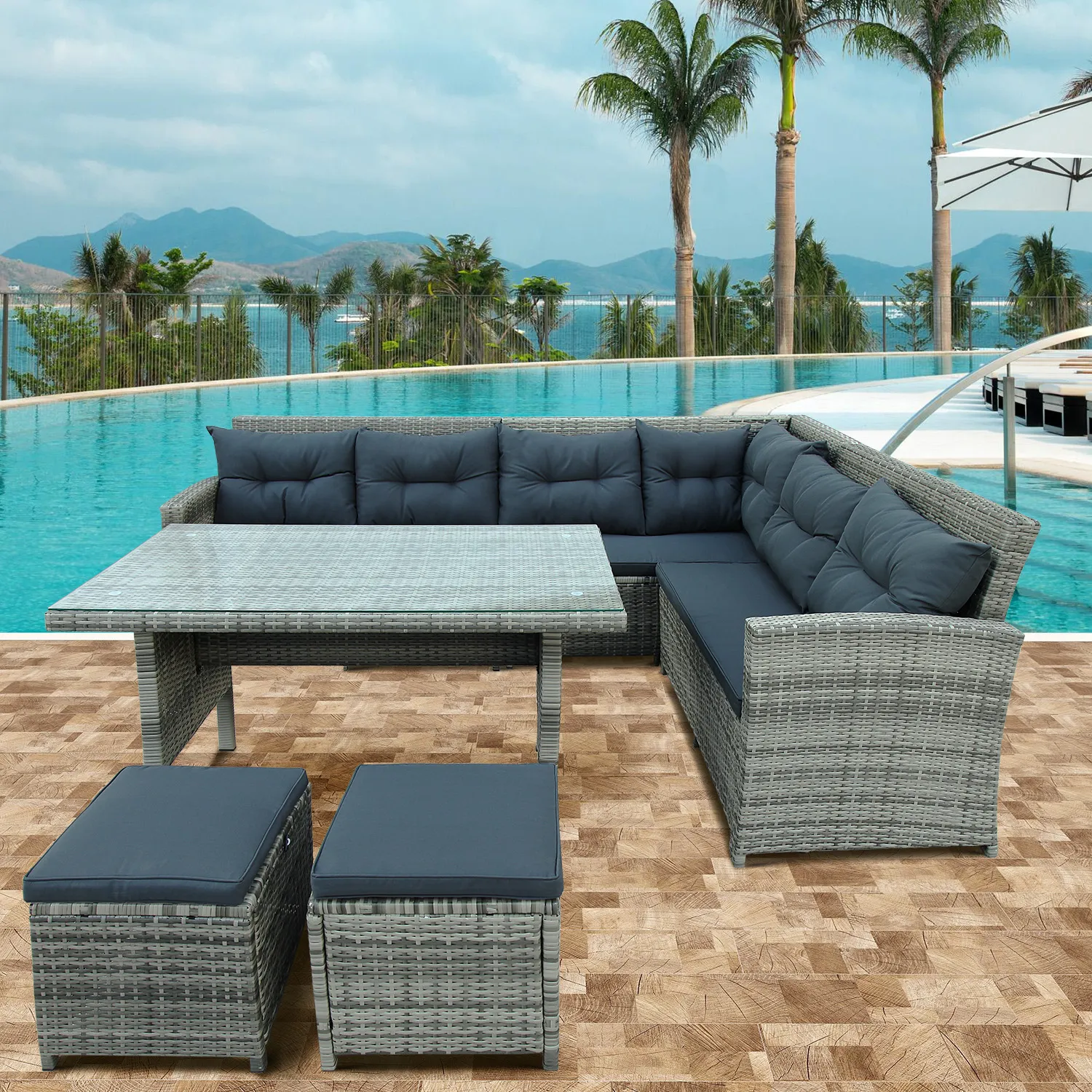 Merax Outdoor Sectional Sofa with Glass Table