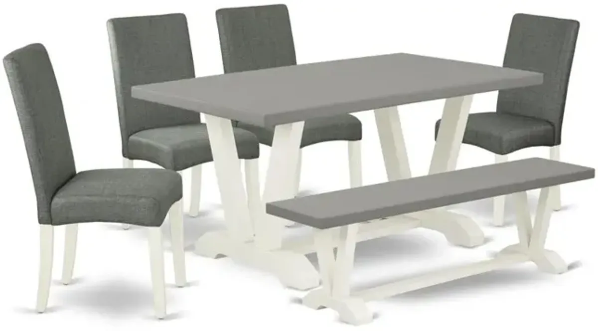 East West Furniture V096DR207-6 6-Pc Dinette Set - 4 Parson Chairs, a Mid Century Bench Cement Top and 1 Modern Cement Dining Room Table Top with High Chair Back - Linen White Finish