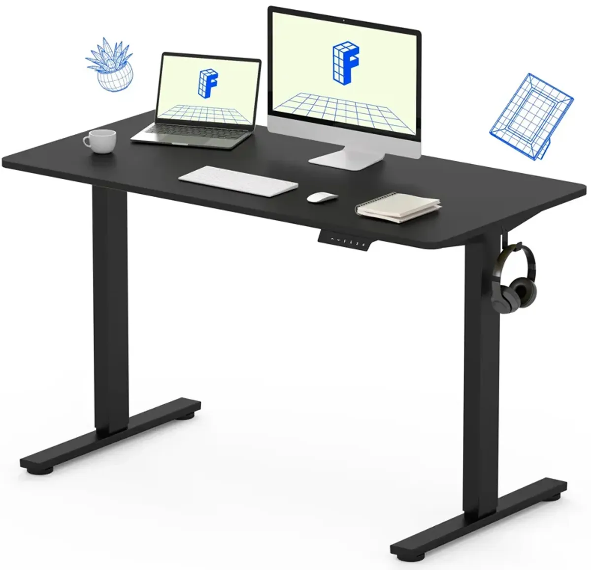 FLEXISPOT EN1 Whole Piece Standing Desk 48 x 30 Inches Height Adjustable Electric Sit Stand Home Office Desks (Black Frame + Bla