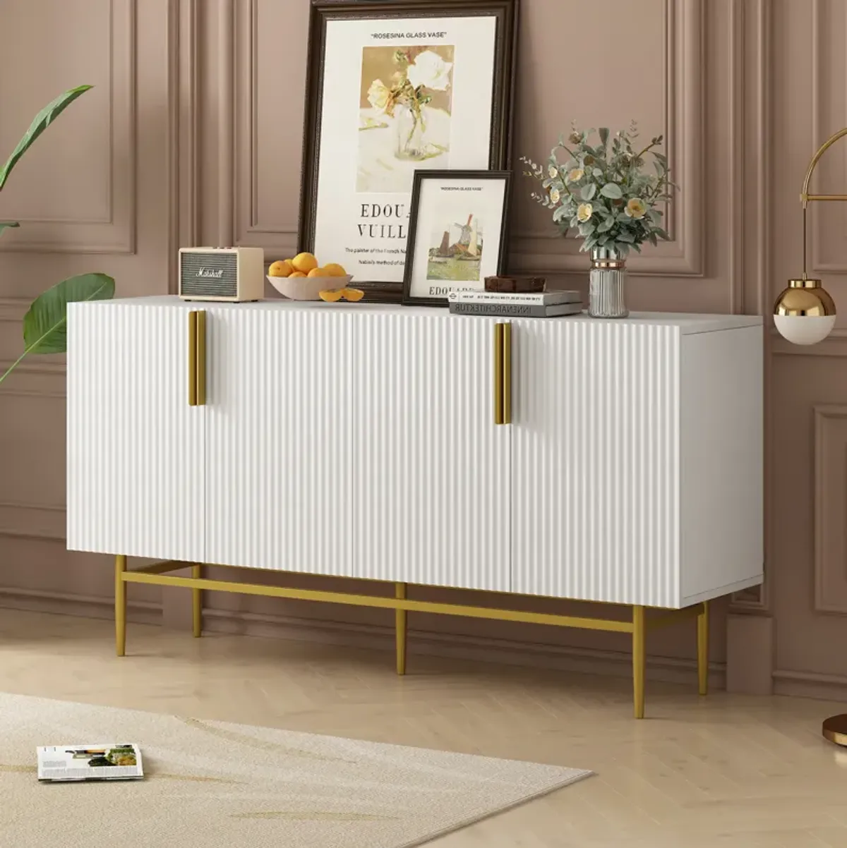 60" Modern Elegant 4-door Sideboard,Gold Metal Handle Storage Cabinet, White