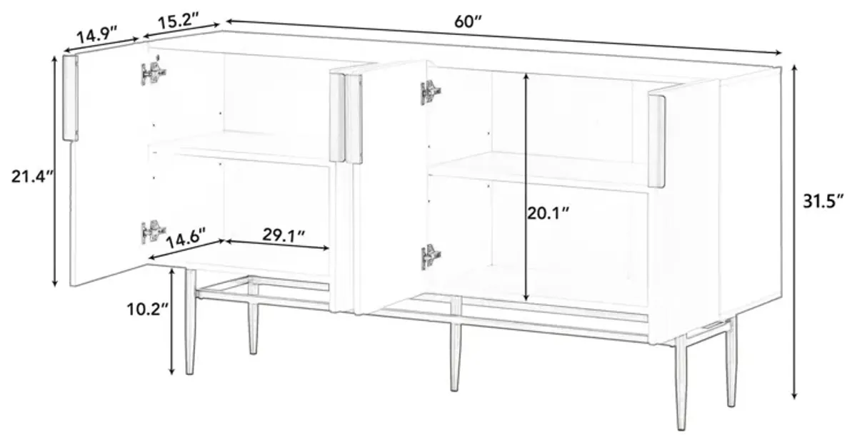 60" Modern Elegant 4-door Sideboard,Gold Metal Handle Storage Cabinet, White