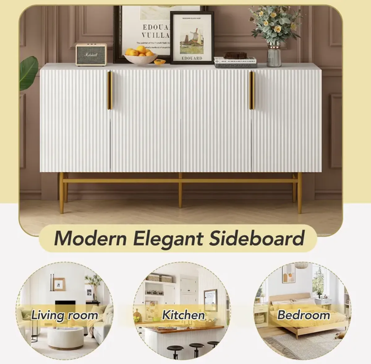 60" Modern Elegant 4-door Sideboard,Gold Metal Handle Storage Cabinet, White