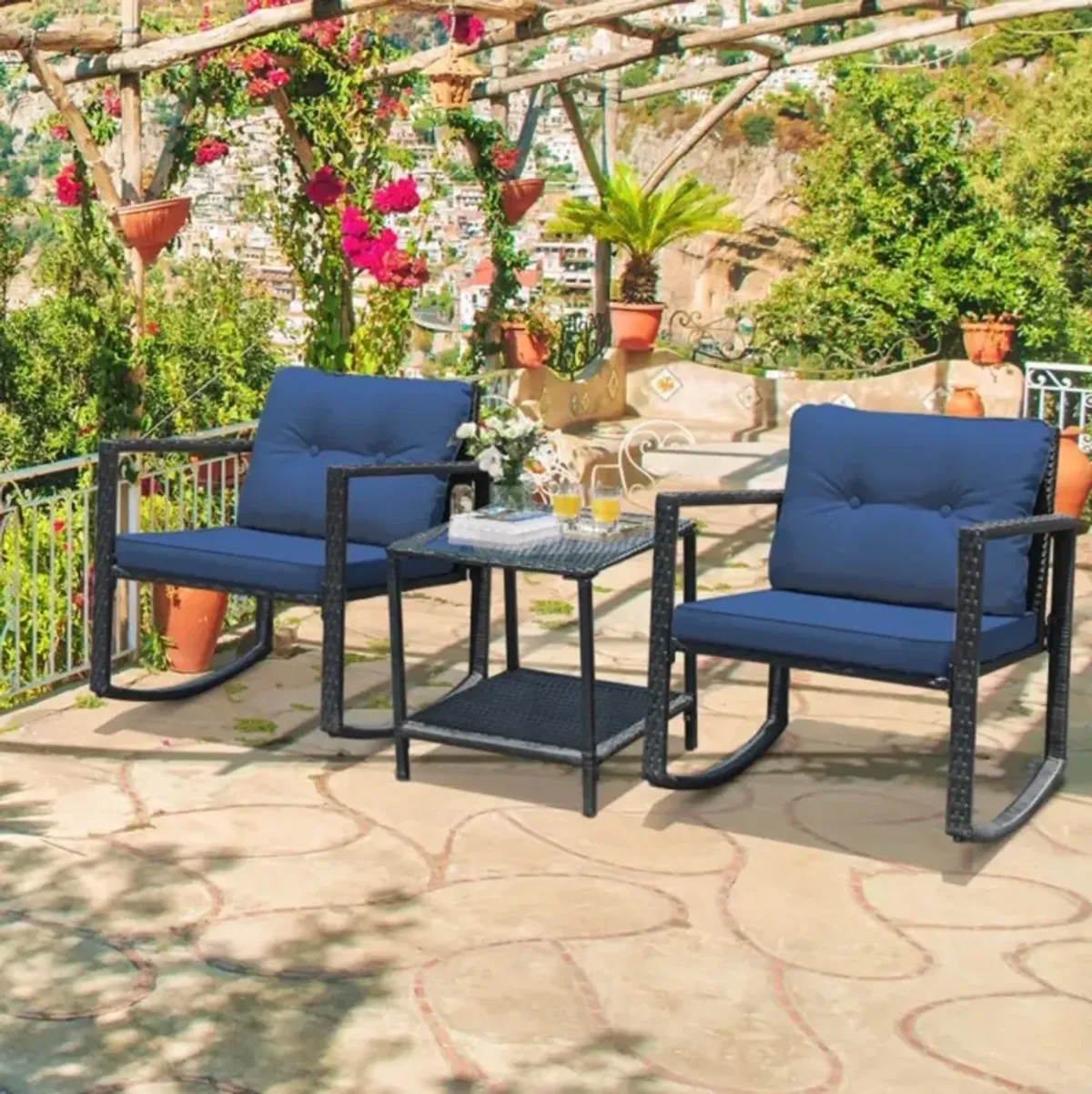 Hivvago 3 Pieces Cushioned Patio Rattan Set with Rocking Chair and Table