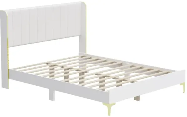 FUFU&GAGA Modern White and Gold Bed Frame with PU Leather Headboard, P2 MDF Construction, and Sturdy Golden Feet (81.1" L x 63" W x 44" H),White and Gold